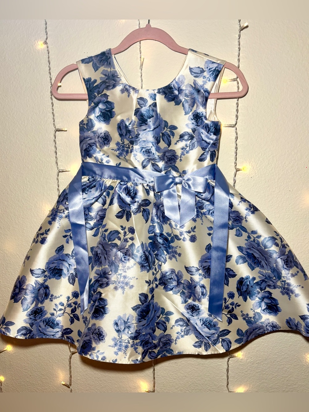 Zunie Girls Blue Floral Satin Party Dress Size 7 Wedding Easter Holiday